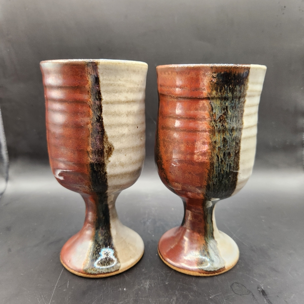 Art Pottery Goblets, Neutral Earth Tones, Set of 2